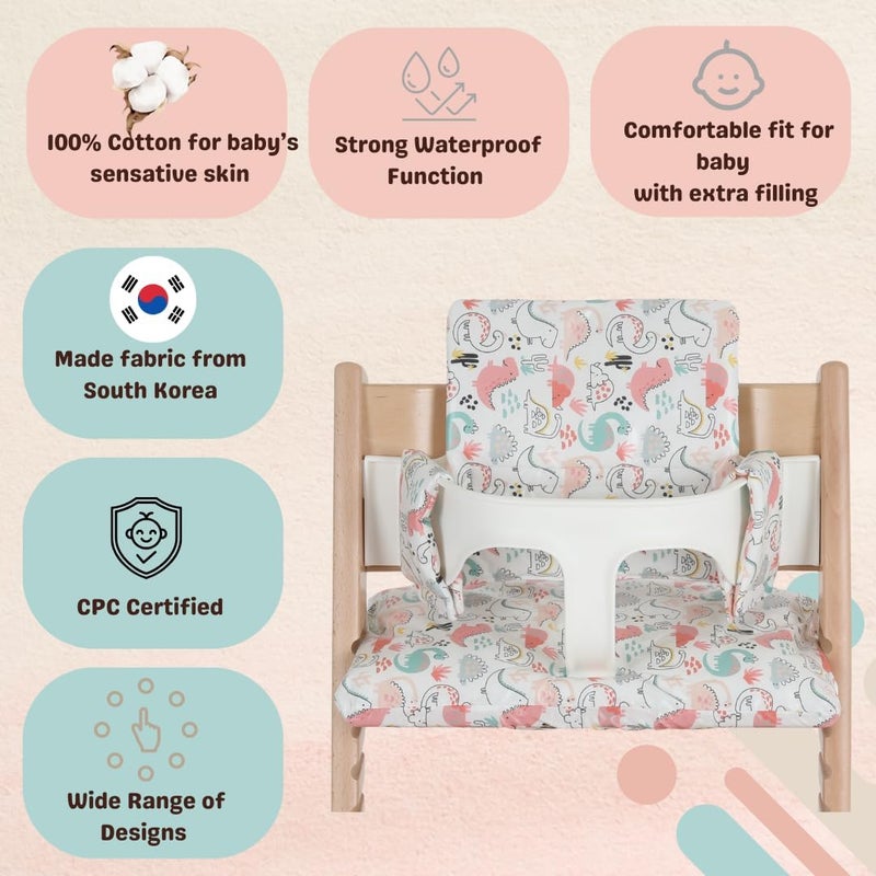 Gembebe Waterproof & Compatible Stokke Tripp Trapp Cushion Set - Easy to Clean - Made Fabric from Korea - 100% Cotton Stokke Tripp Trapp High Chair Cushion Set (Dino Friends) - Image 3